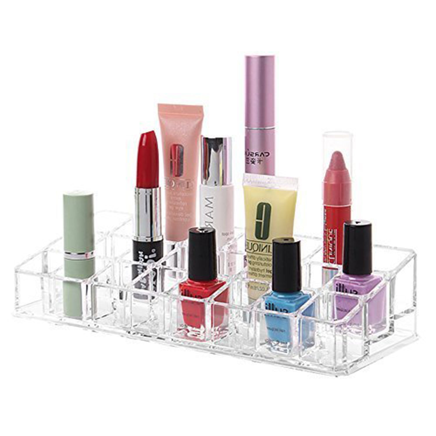 Detailed view of the multi-purpose lipstick holder with 24 sections, emphasizing its use for various cosmetics Detailed view of the multi-purpose lipstick holder with 24 sections, emphasizing its use for various cosmetics